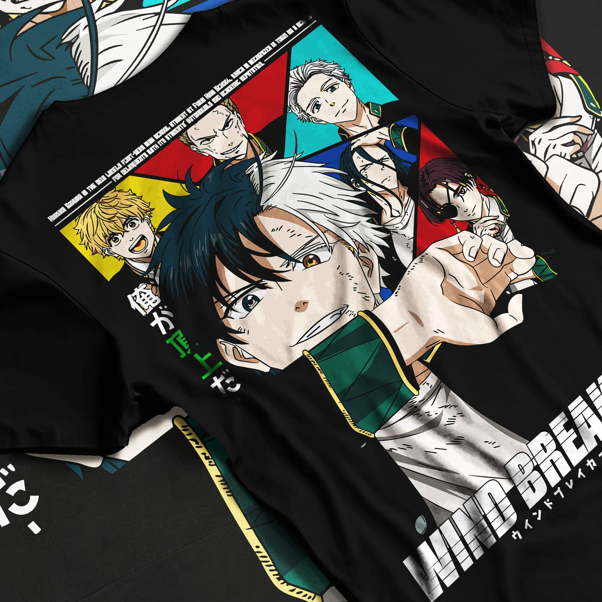 Black T-shirt flat back view showing Wind Breaker: Haruka Sakura and cast