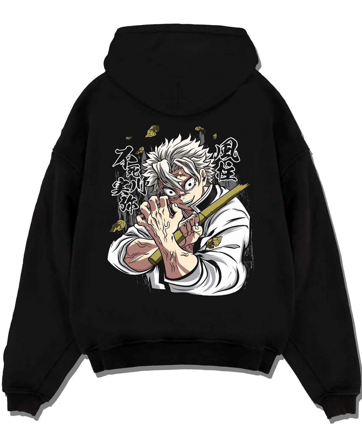 Black hoodie laid flat featuring Sanemi Shinazugawa Wind Hashira Demon Slayer artwork.