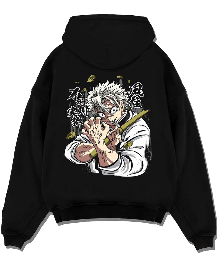 Black hoodie laid flat featuring Sanemi Shinazugawa Wind Hashira Demon Slayer artwork.