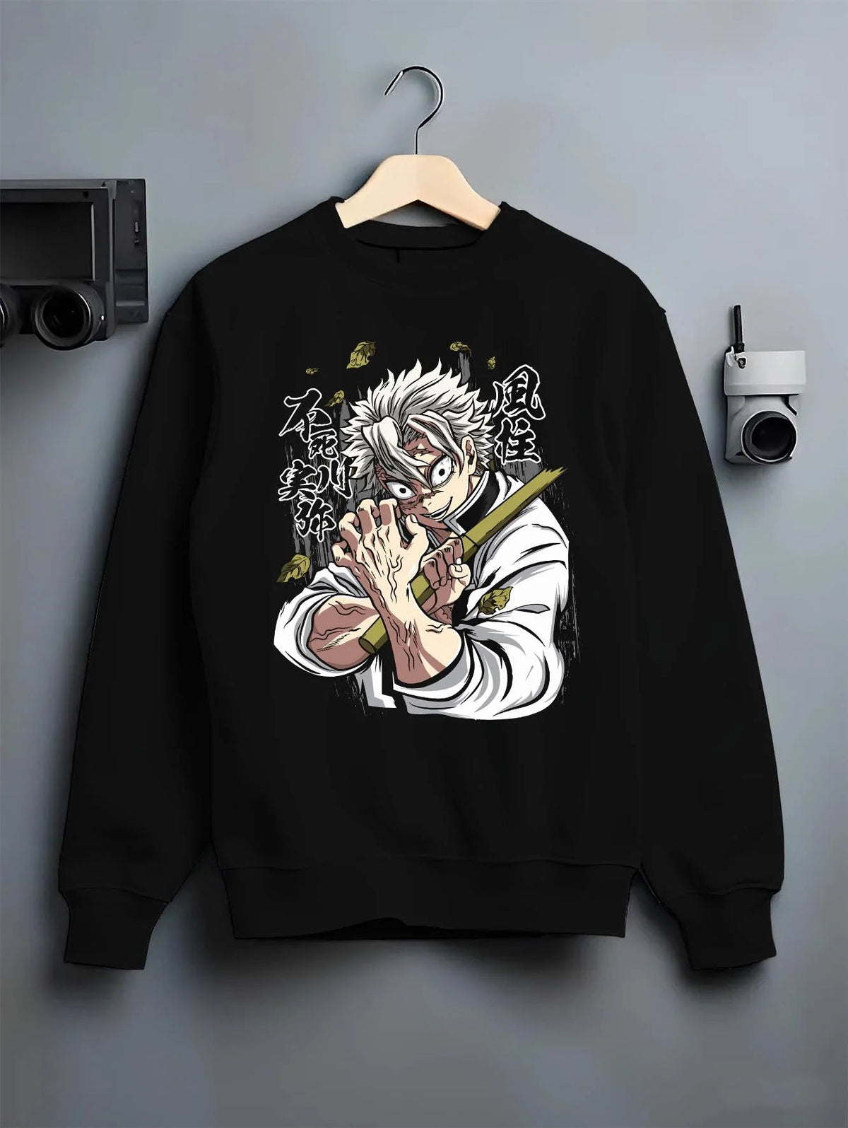 Black crewneck sweatshirt on hanger featuring Sanemi Shinazugawa Wind Hashira Demon Slayer artwork.