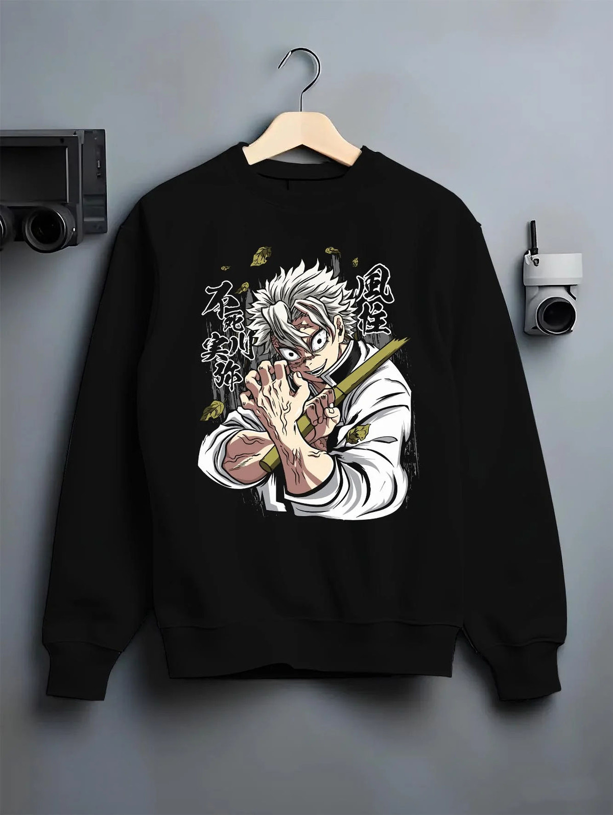 Black crewneck sweatshirt on hanger featuring Sanemi Shinazugawa Wind Hashira Demon Slayer artwork.