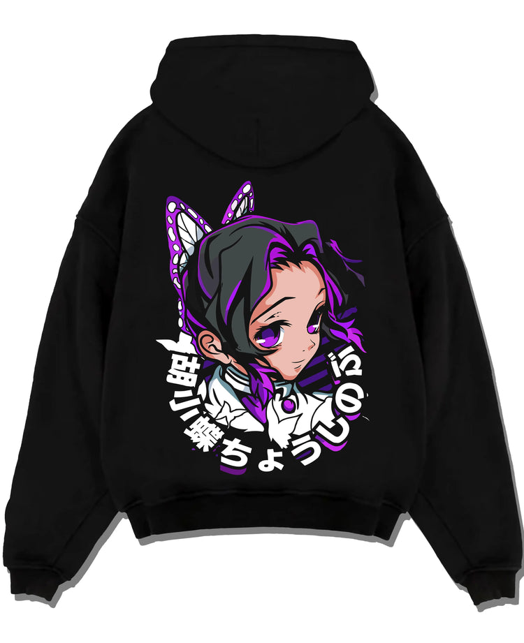 Black hoodie laid flat featuring Shinobu Kocho Butterfly Hashira portrait Demon Slayer artwork.