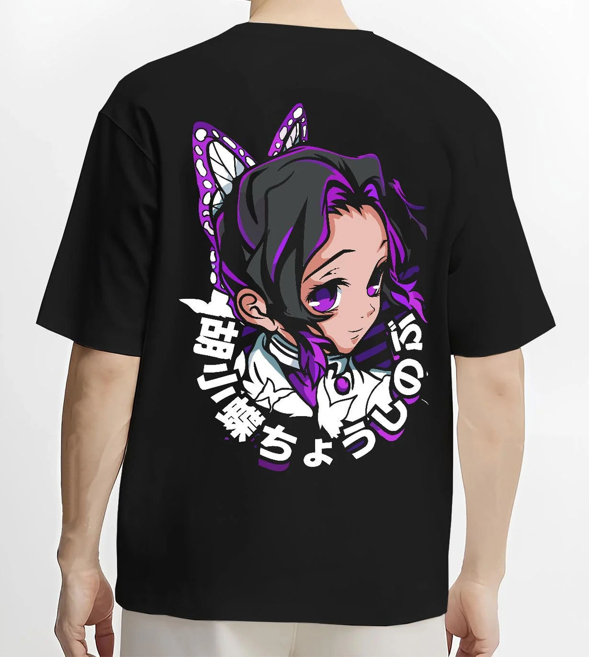 Black T-shirt worn by male model from the back featuring Shinobu Kocho Butterfly Hashira portrait Demon Slayer artwork.