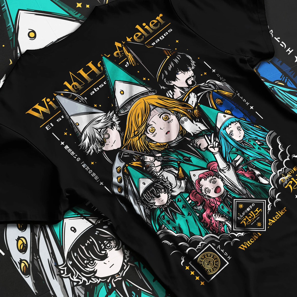 Black T-shirt flat back view showing Witch Hat Atelier: magic student ensemble