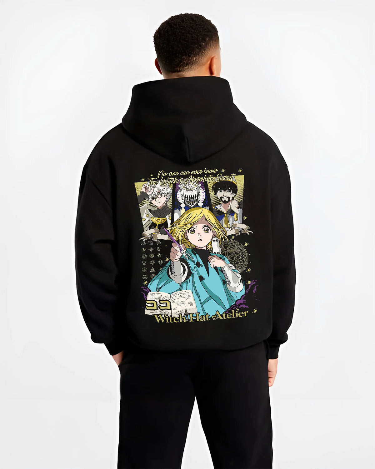 Black hoodie model back view showing Witch Hat Atelier: Coco and supporting characters