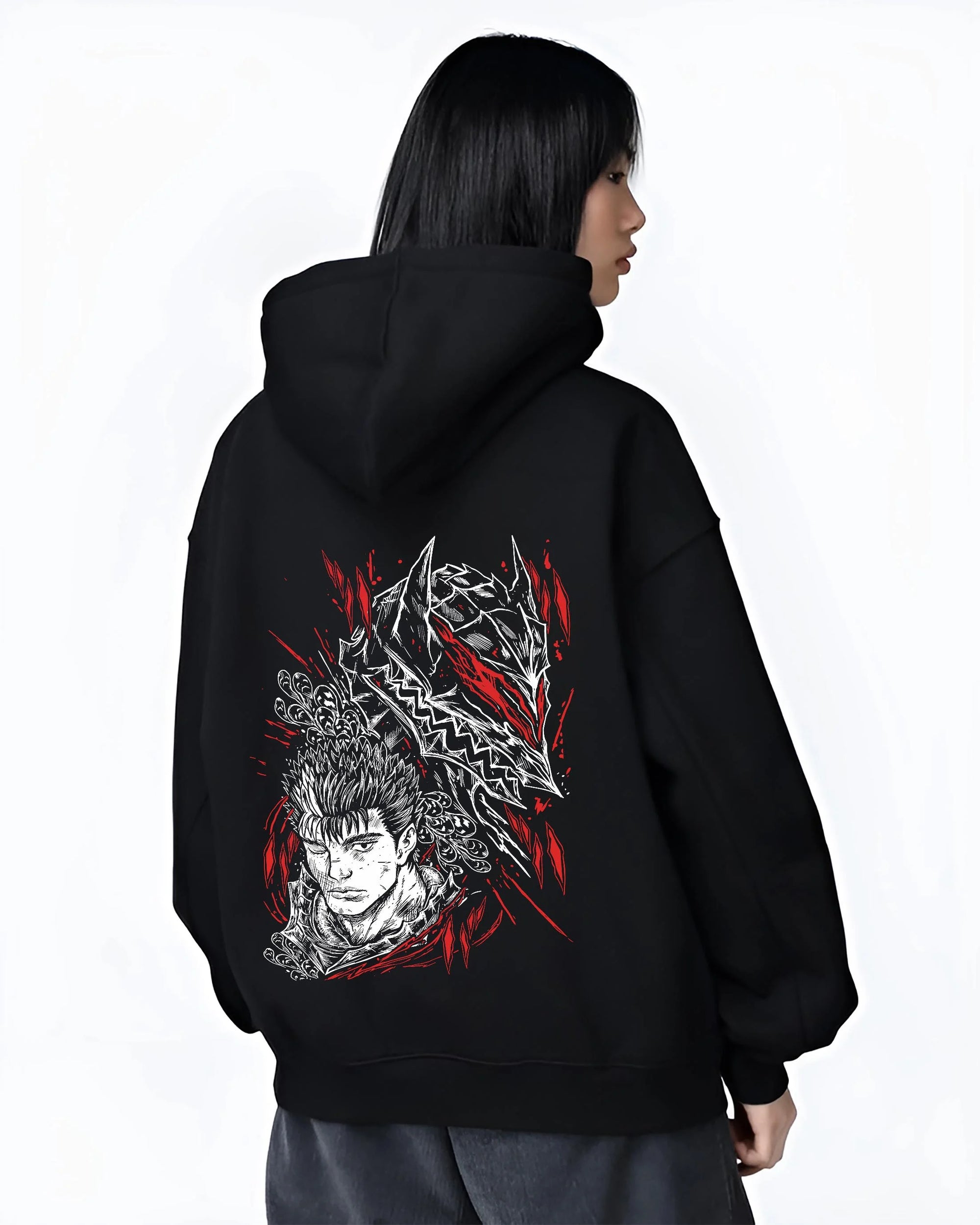 Black hoodie worn by female model, back view with Guts Berserk Hoodie Wolf Knight Dark Swordsman Anime graphic Guts anime design.