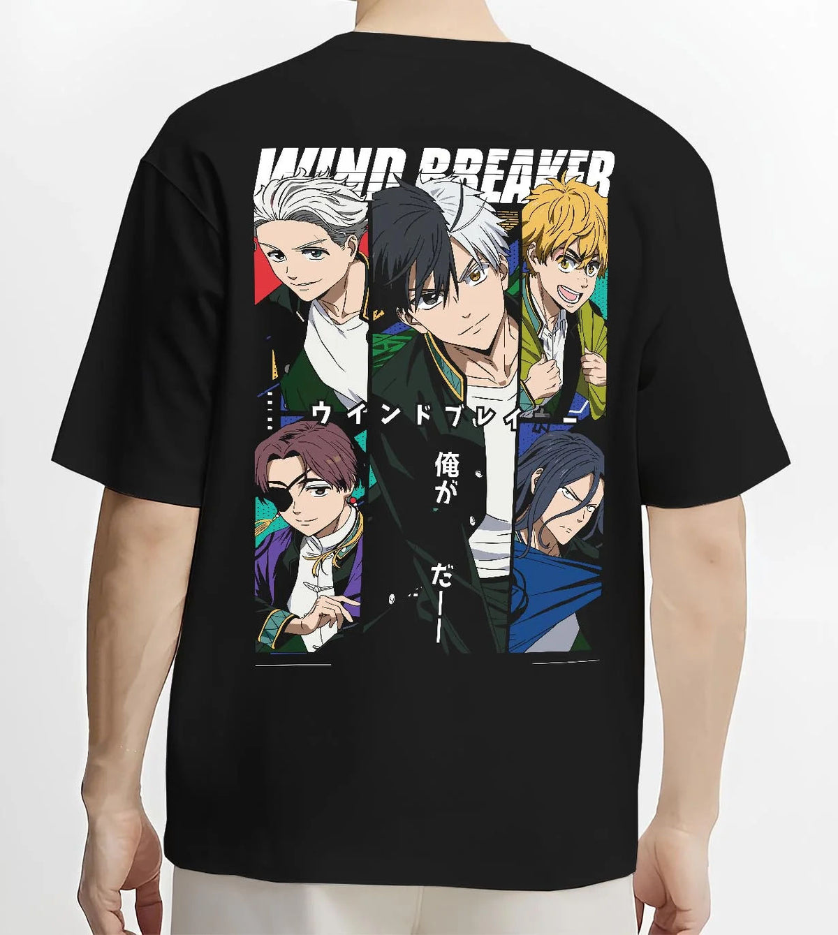 Black T-shirt worn by male model from the back featuring Bofurin main cast Wind Breaker artwork.