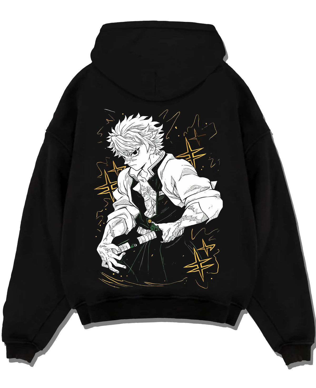 Black hoodie laid flat featuring Sanemi Shinazugawa Wind Pillar sword Demon Slayer artwork.
