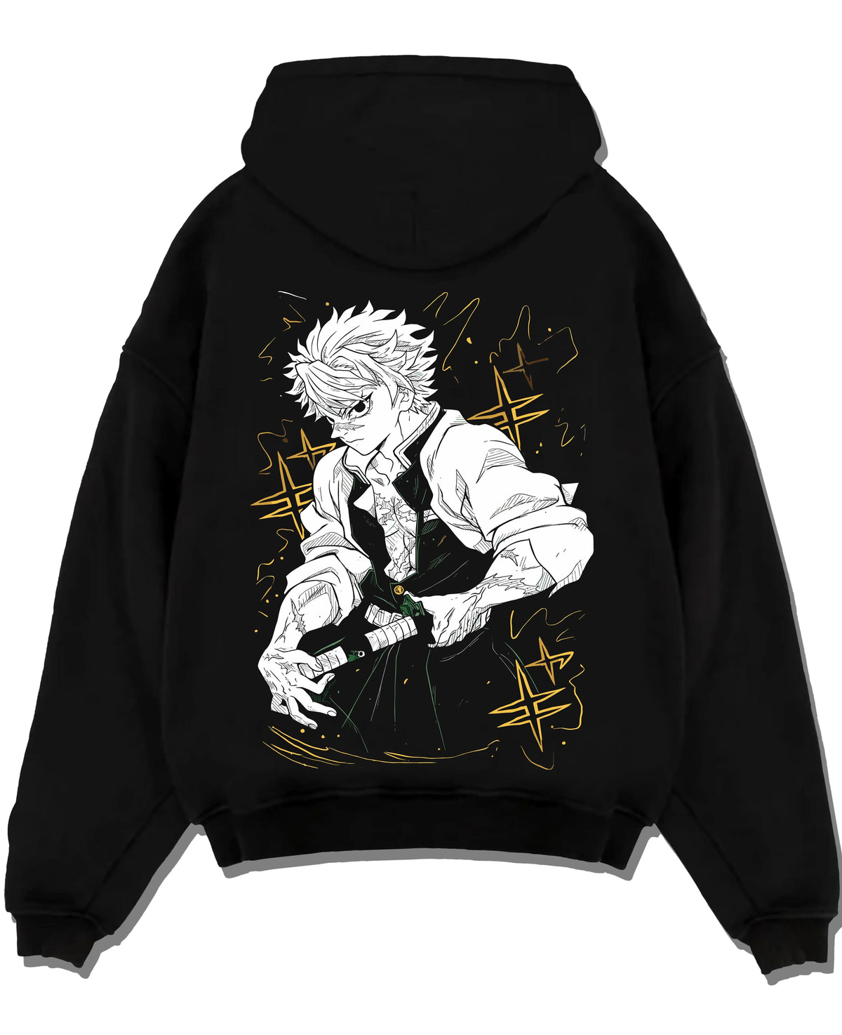 Black hoodie laid flat featuring Sanemi Shinazugawa Wind Pillar sword Demon Slayer artwork.