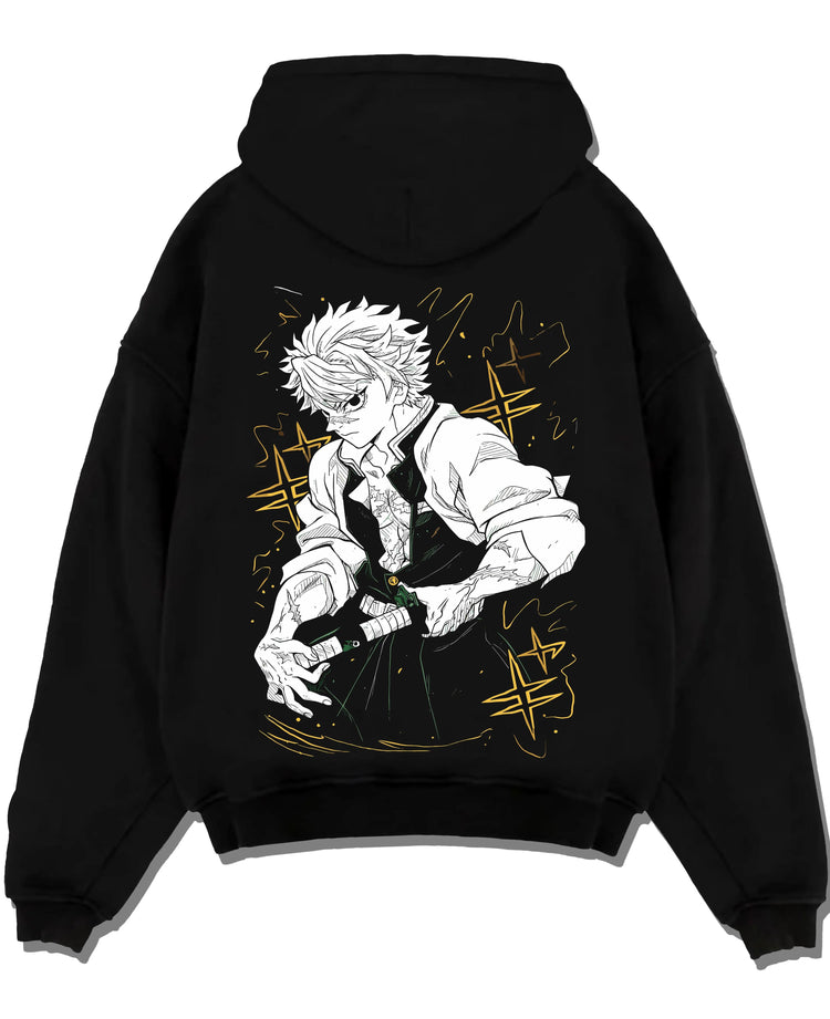 Black hoodie laid flat featuring Sanemi Shinazugawa Wind Pillar sword Demon Slayer artwork.