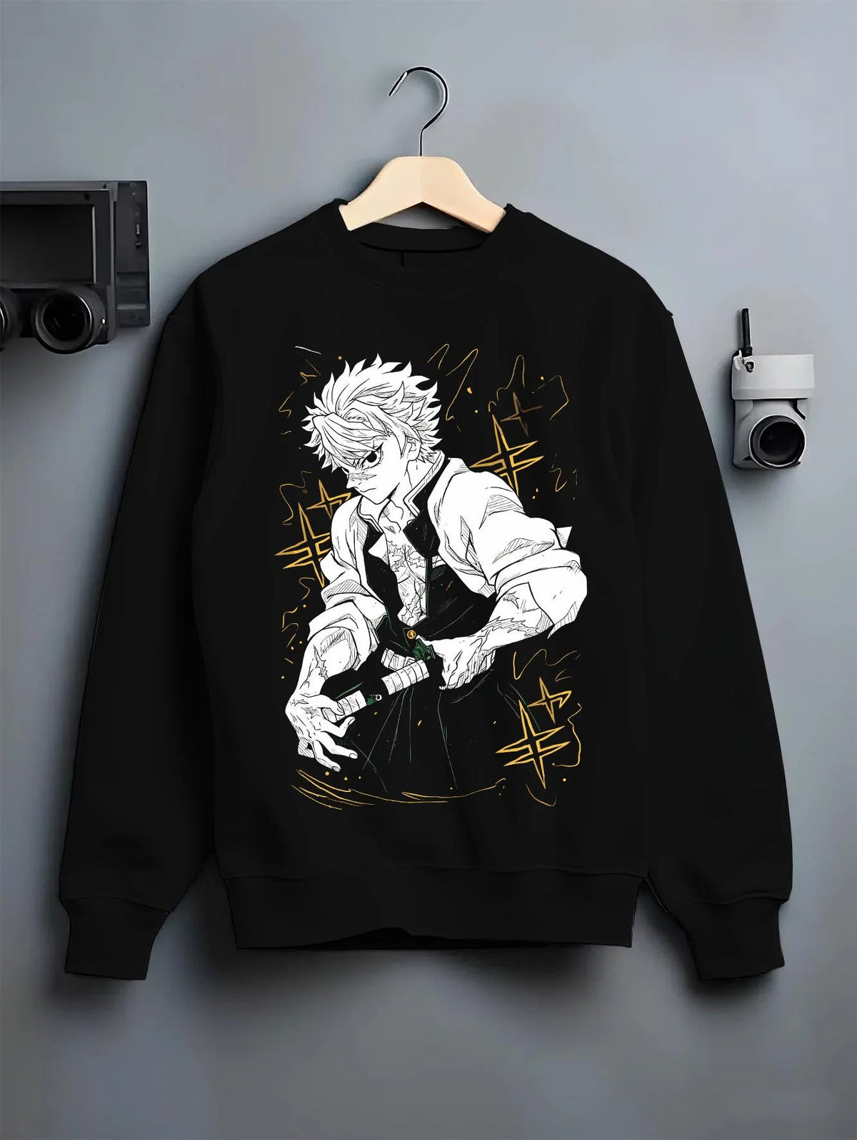 Black crewneck sweatshirt on hanger featuring Sanemi Shinazugawa Wind Pillar sword Demon Slayer artwork.