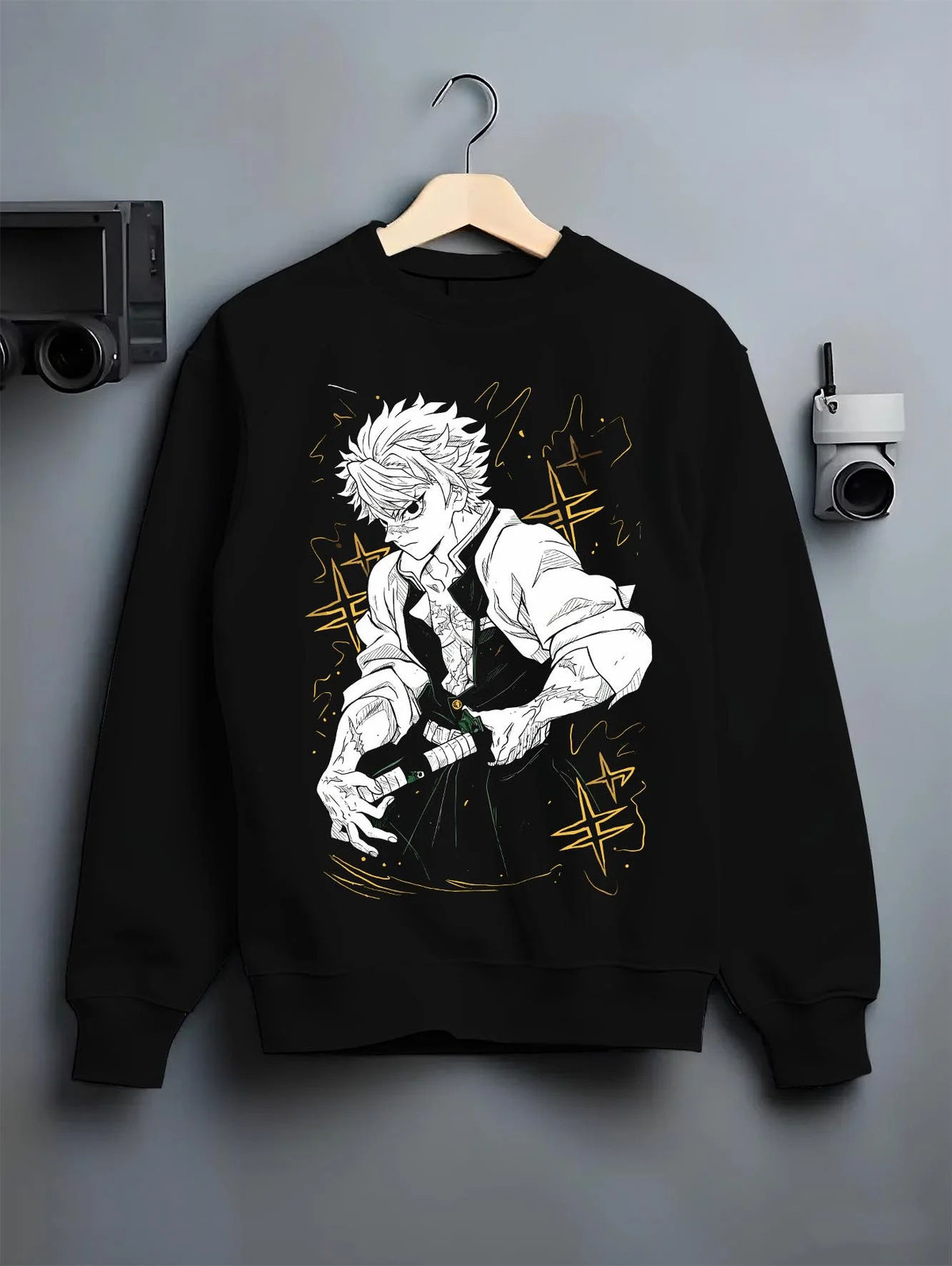 Black crewneck sweatshirt on hanger featuring Sanemi Shinazugawa Wind Pillar sword Demon Slayer artwork.