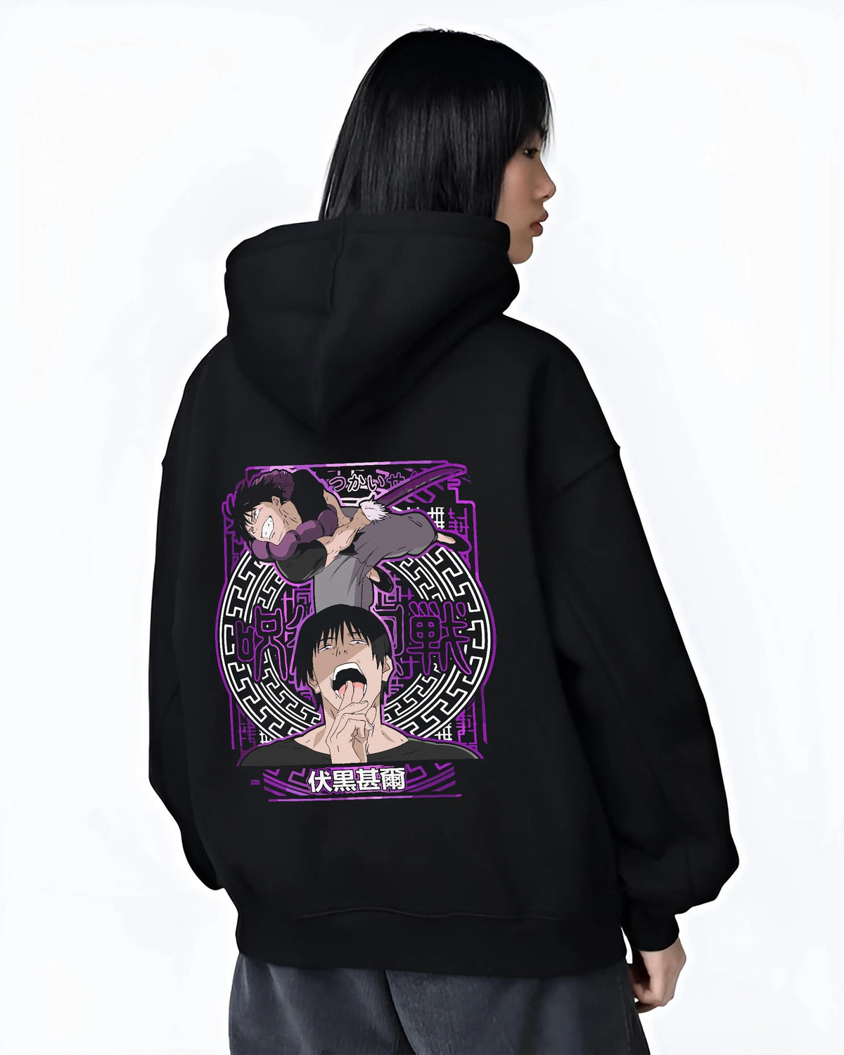 Black hoodie worn by female model from the back featuring Toji Fushiguro Inventory Curse Jujutsu Kaisen artwork.