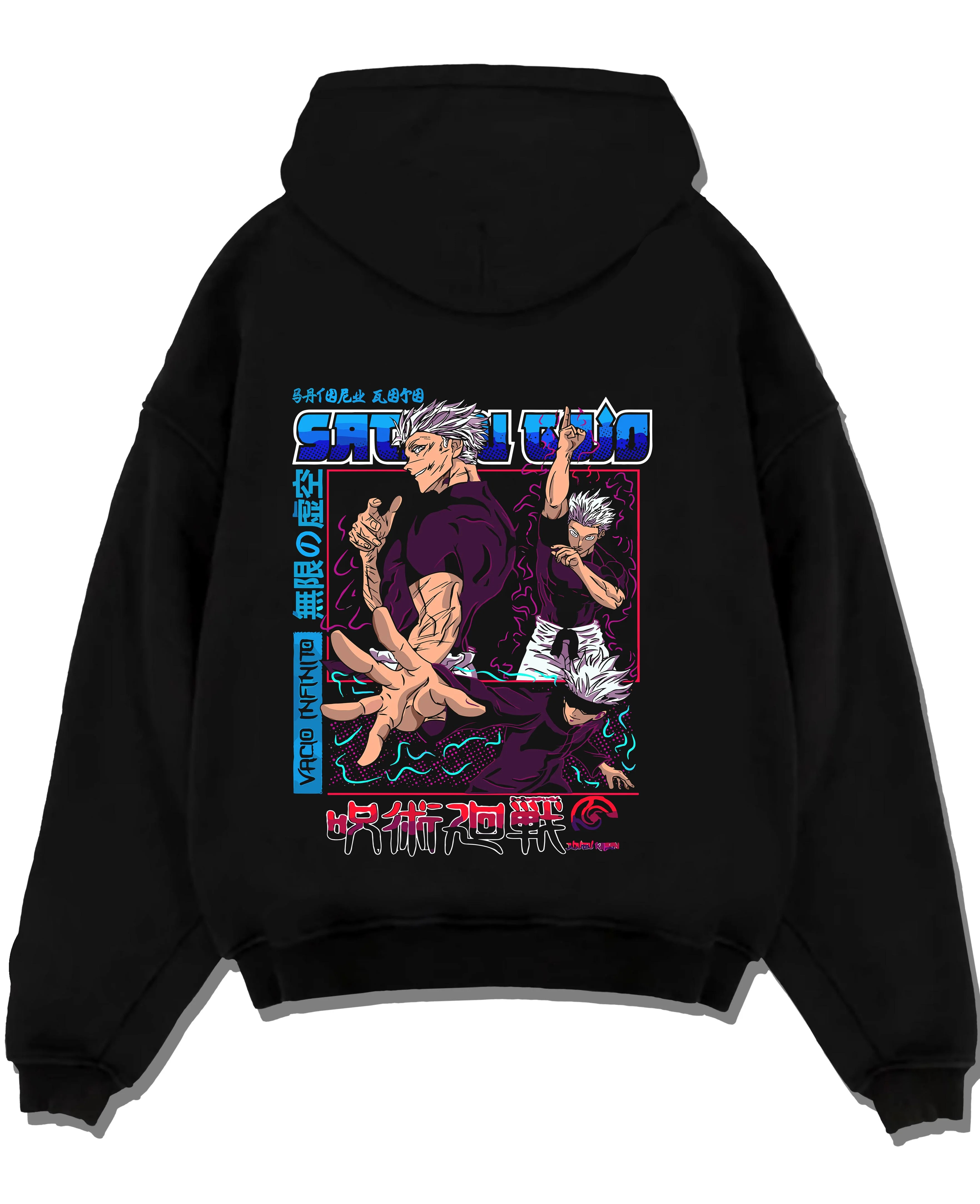 Black pullover hoodie laid flat with Masamichi Yaga Hoodie Jujutsu Kaisen Principal graphic premium wear.