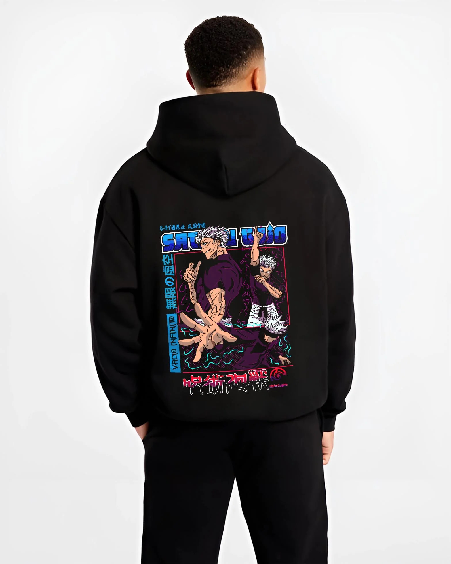 Black hoodie worn by male model, back view with Masamichi Yaga Hoodie Jujutsu Kaisen Principal graphic bold anime graphic.
