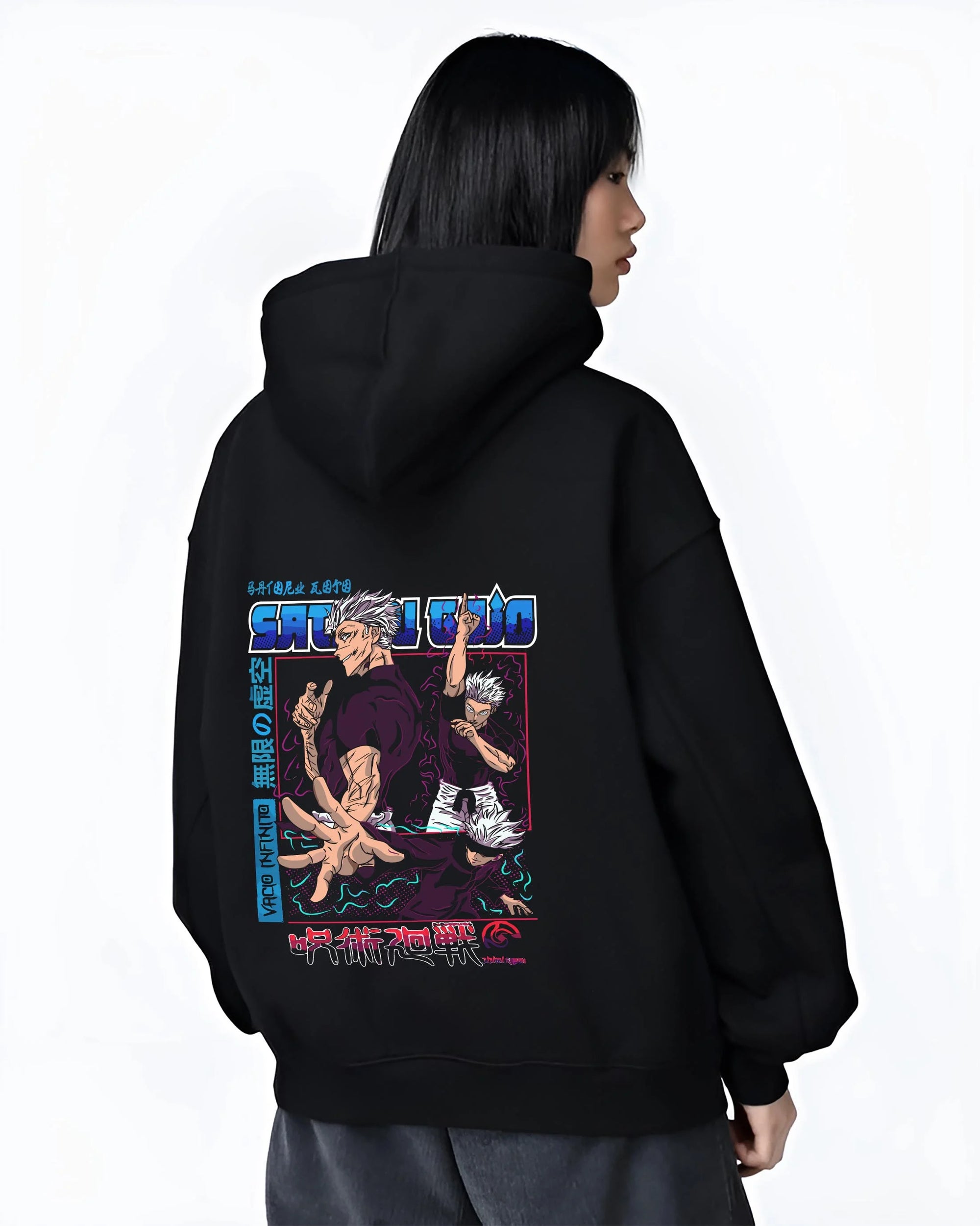 Black hoodie worn by female model, back view with Masamichi Yaga Hoodie Jujutsu Kaisen Principal graphic streetwear graphic.