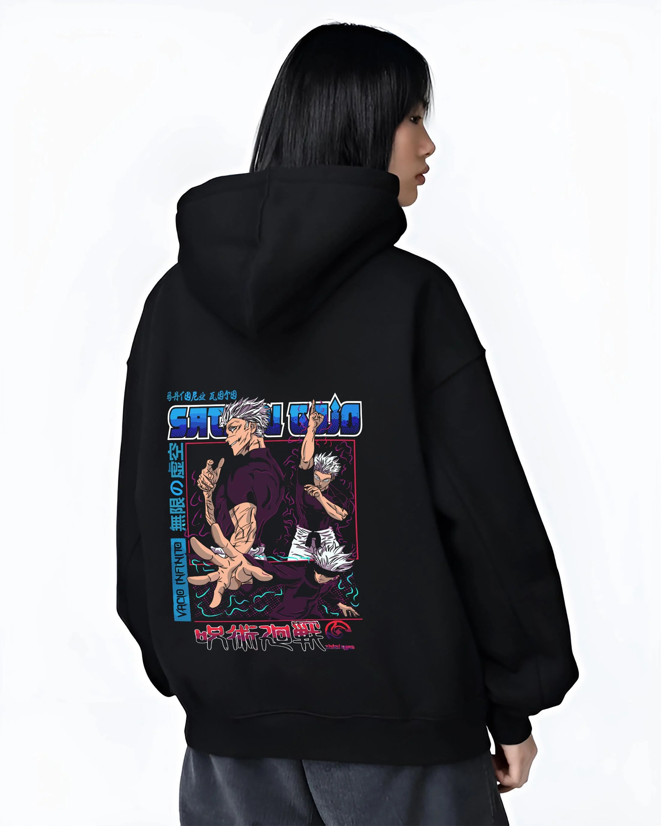 Black hoodie worn by female model, back view with Masamichi Yaga Hoodie Jujutsu Kaisen Principal graphic streetwear graphic.