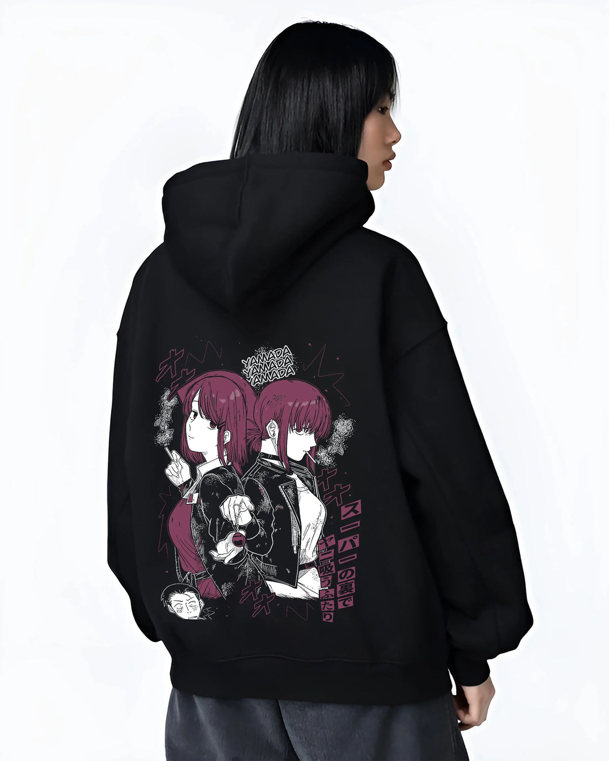 Black hoodie female model back view showing Yamada / Tayama from Smoking Behind the Supermarket: Smoking Behind the