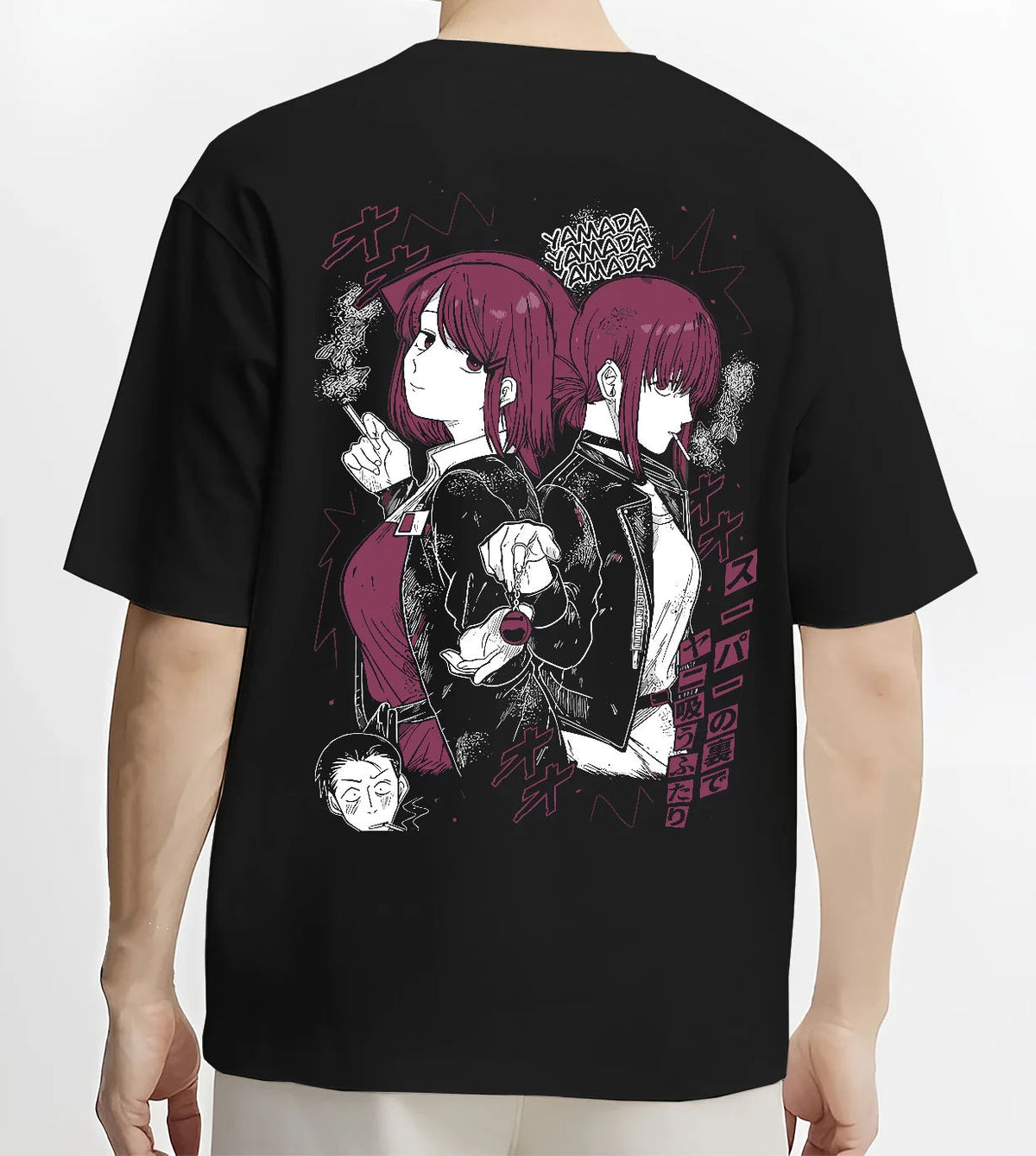 Black T-shirt model back view showing Yamada / Tayama from Smoking Behind the Supermarket: Smoking Behind the Supermarket