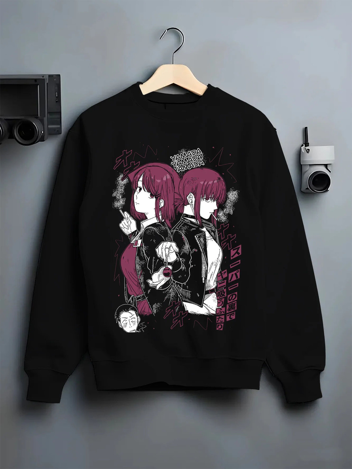 Black crewneck sweatshirt on hanger showing Yamada / Tayama from Smoking Behind the Supermarket: Smoking Behind the