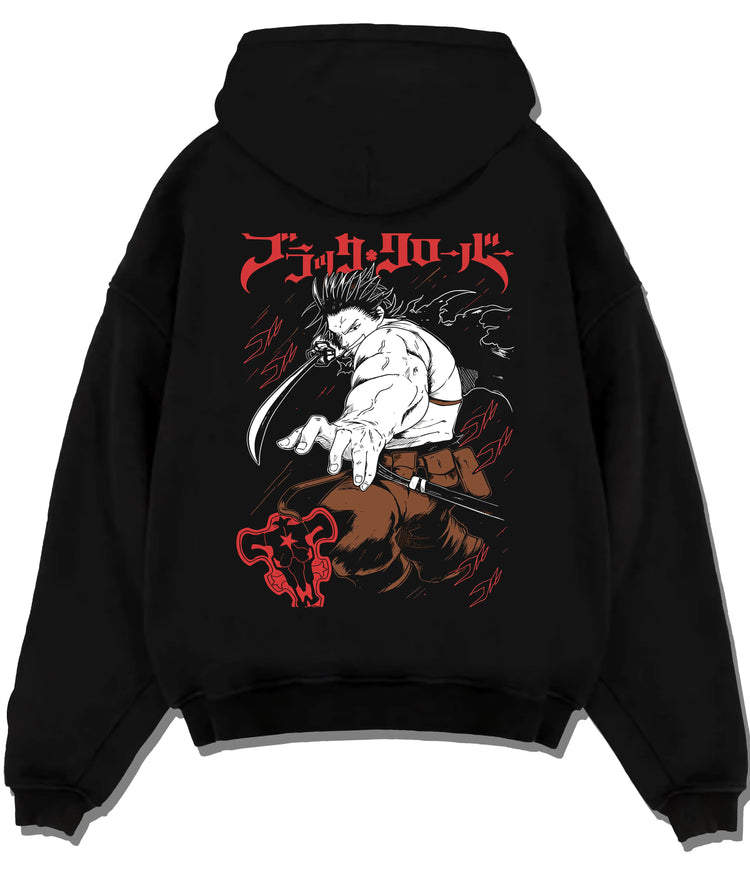 Black hoodie flat back view showing Yami Sukehiro from Black Clover: muscular sword-wielding portrait