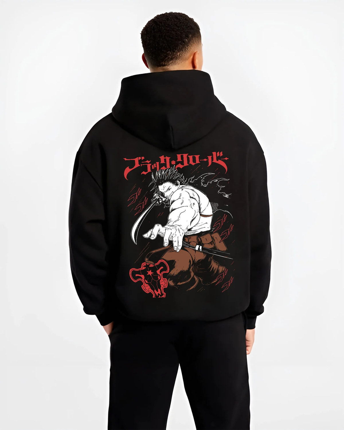 Black hoodie model back view showing Yami Sukehiro from Black Clover: muscular sword-wielding portrait