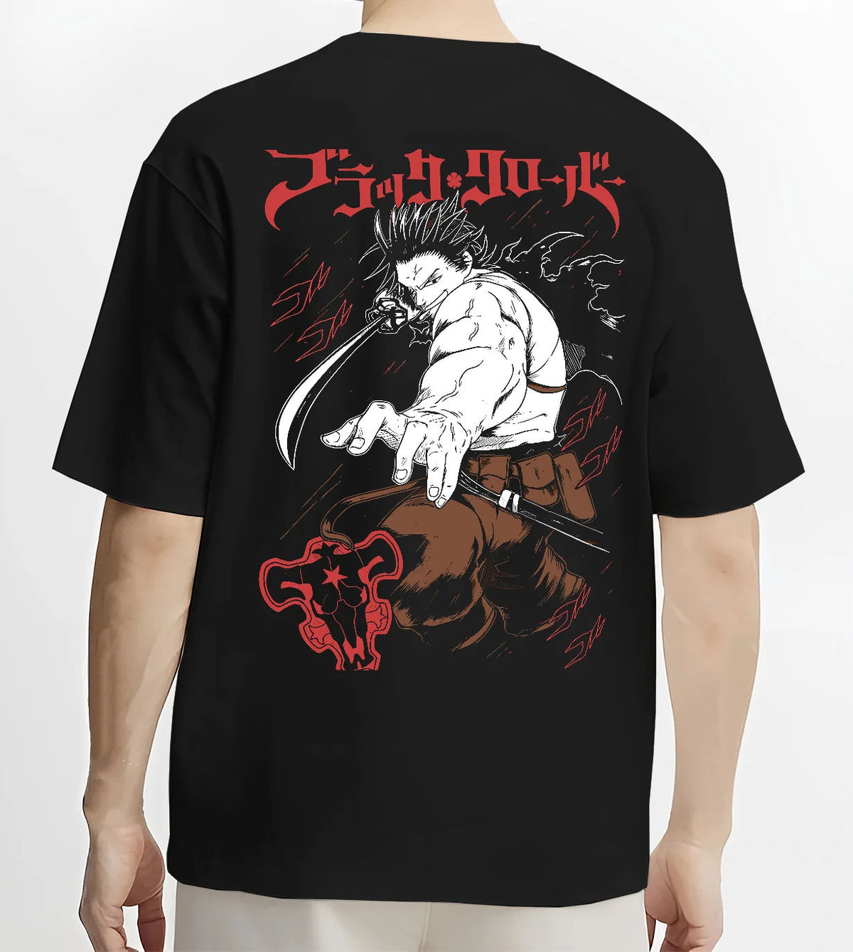 Black T-shirt model back view showing Yami Sukehiro from Black Clover: muscular sword-wielding portrait