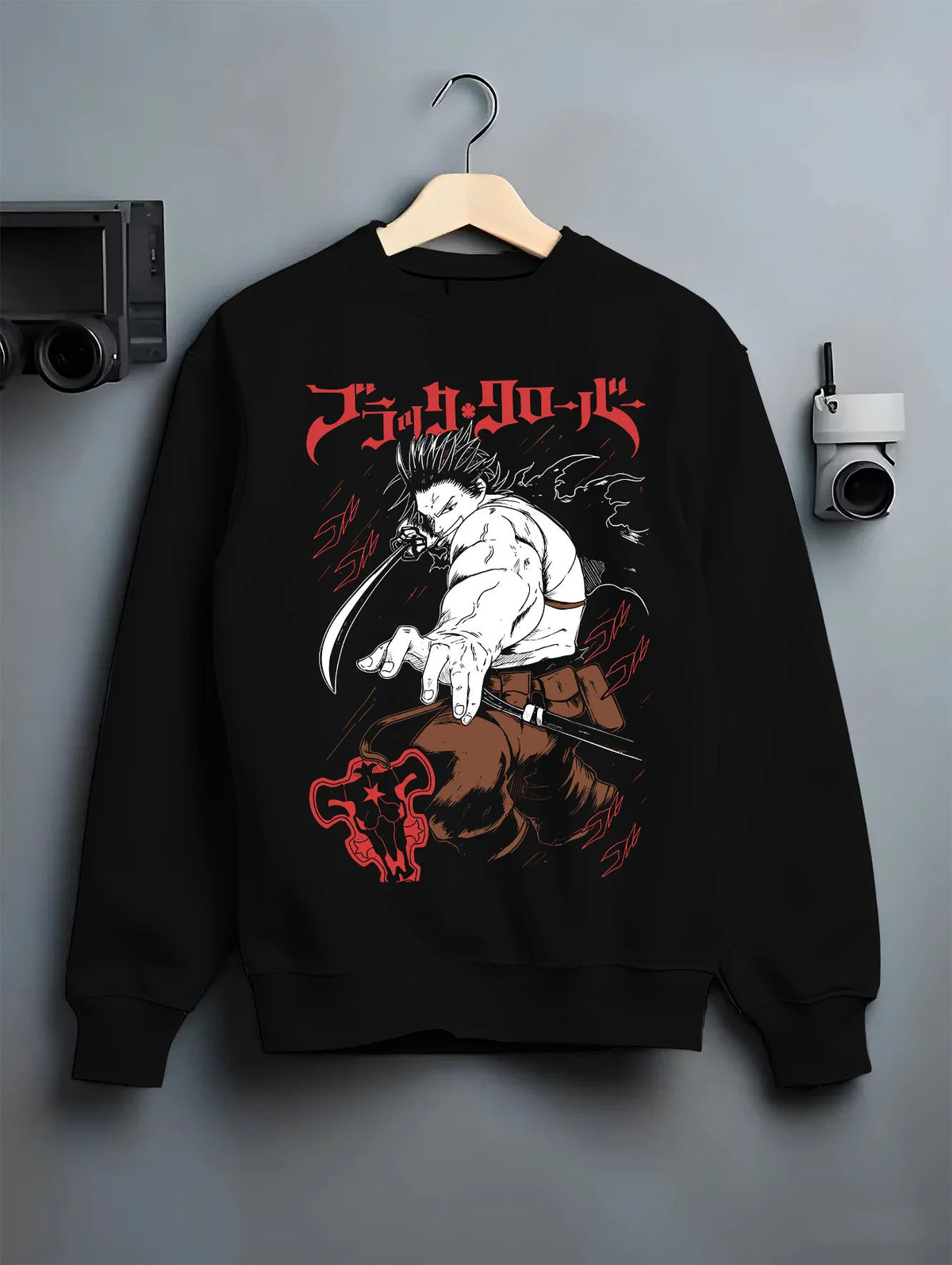 Black crewneck sweatshirt on hanger showing Yami Sukehiro from Black Clover: muscular sword-wielding portrait