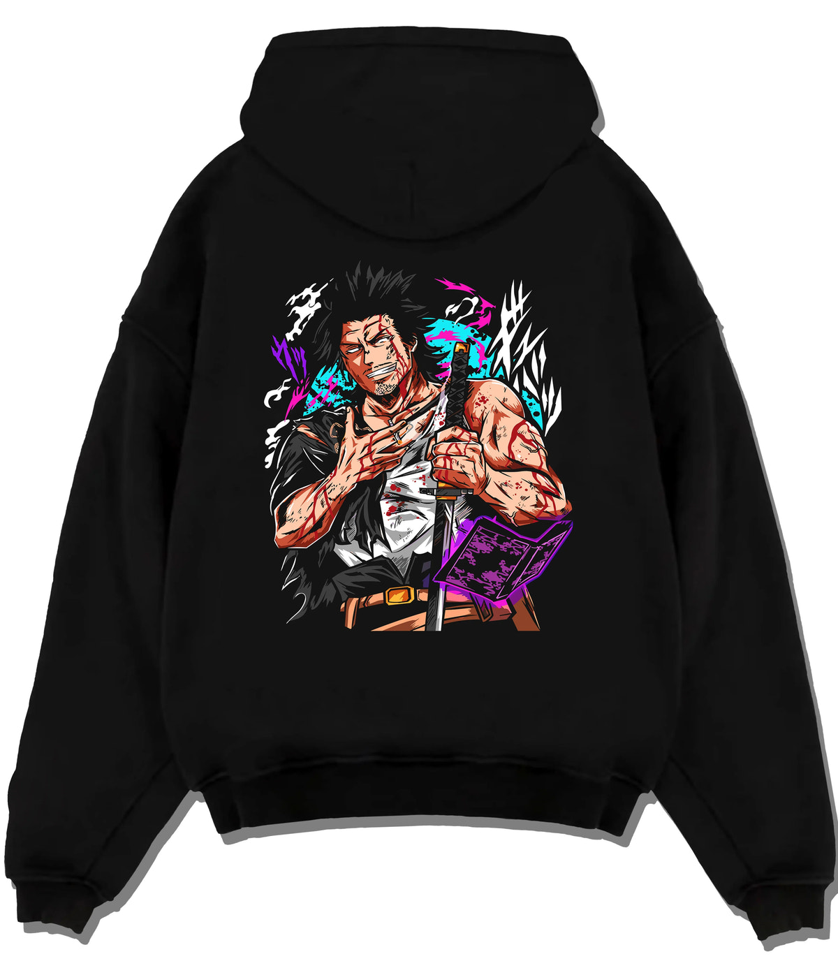 Black hoodie flat back view showing Yami Sukehiro from Black Clover: colourful swordsman design