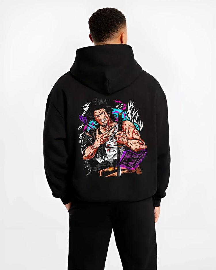 Black hoodie model back view showing Yami Sukehiro from Black Clover: colourful swordsman design
