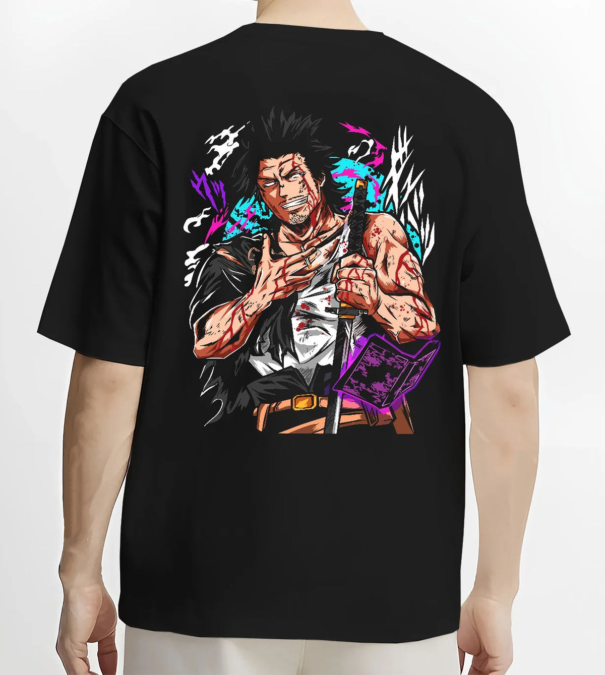 Black T-shirt model back view showing Yami Sukehiro from Black Clover: colourful swordsman design