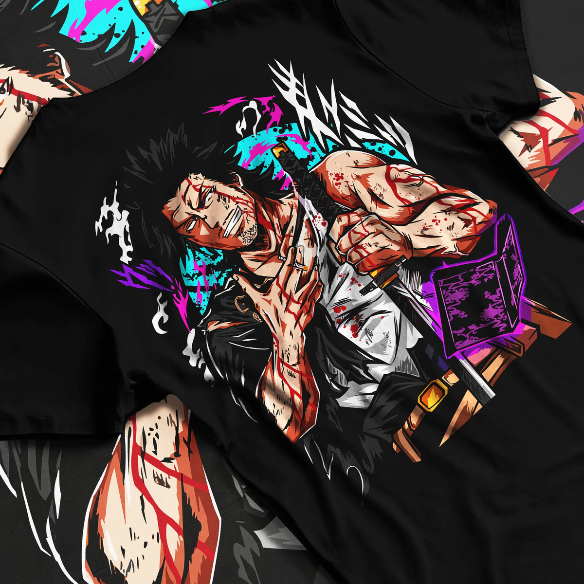 Black T-shirt flat back view showing Yami Sukehiro from Black Clover: colourful swordsman design