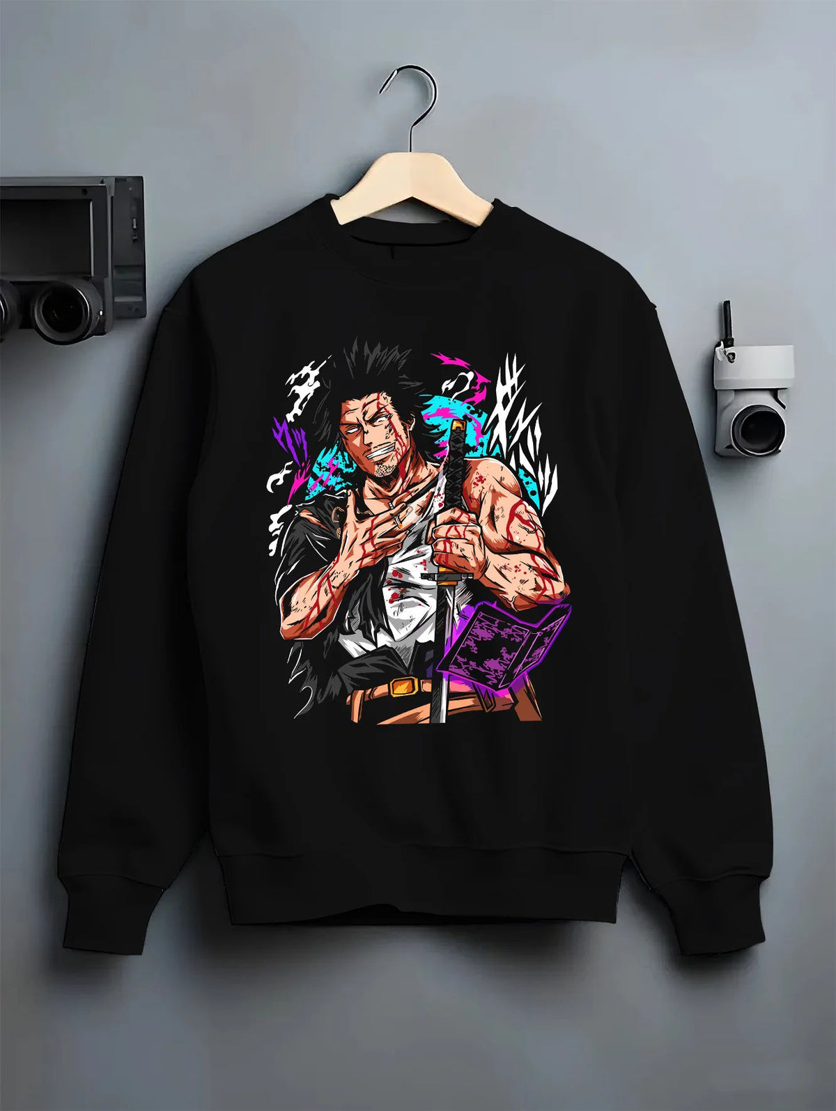 Black crewneck sweatshirt on hanger showing Yami Sukehiro from Black Clover: colourful swordsman design