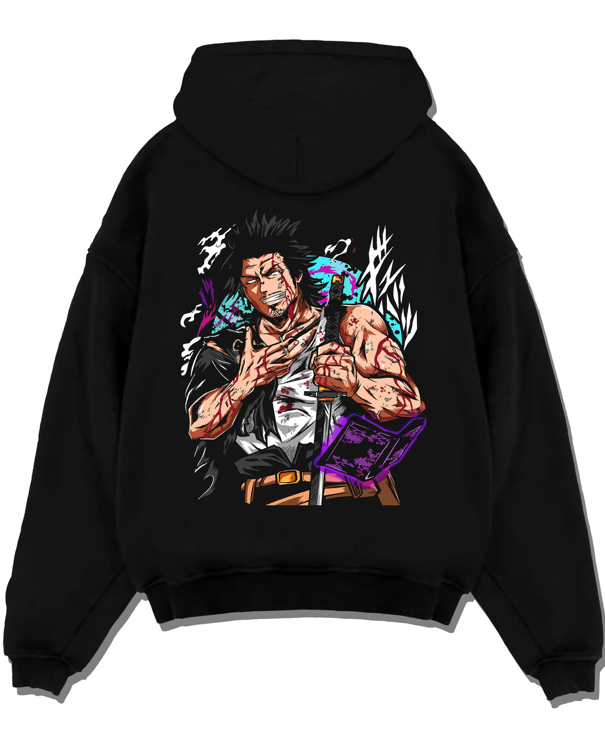 Black hoodie laid flat featuring Yami Sukehiro Black Bulls dark power Black Clover artwork.
