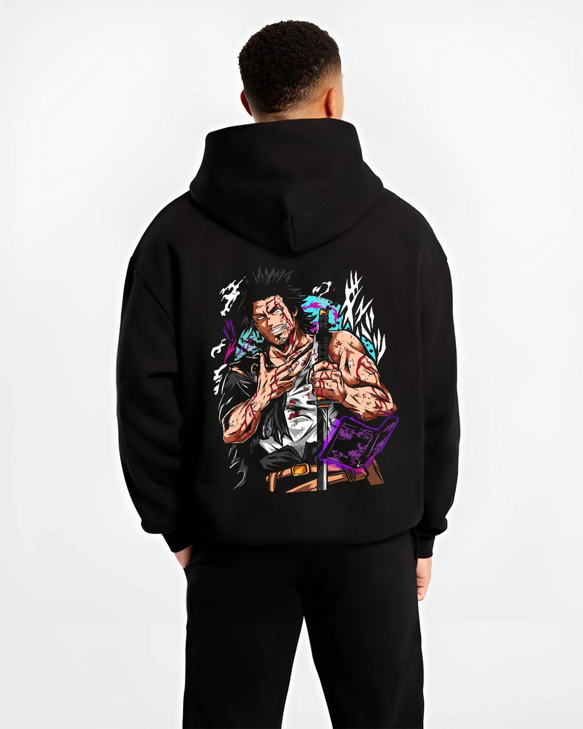 Black hoodie worn by male model from the back featuring Yami Sukehiro Black Bulls dark power Black Clover artwork.