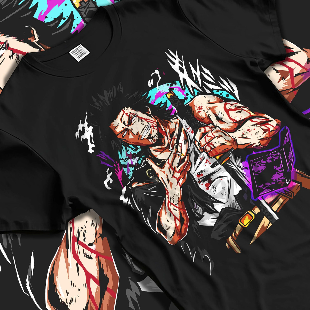 Black T-shirt laid flat with natural folds featuring Yami Sukehiro Black Bulls dark power Black Clover artwork.