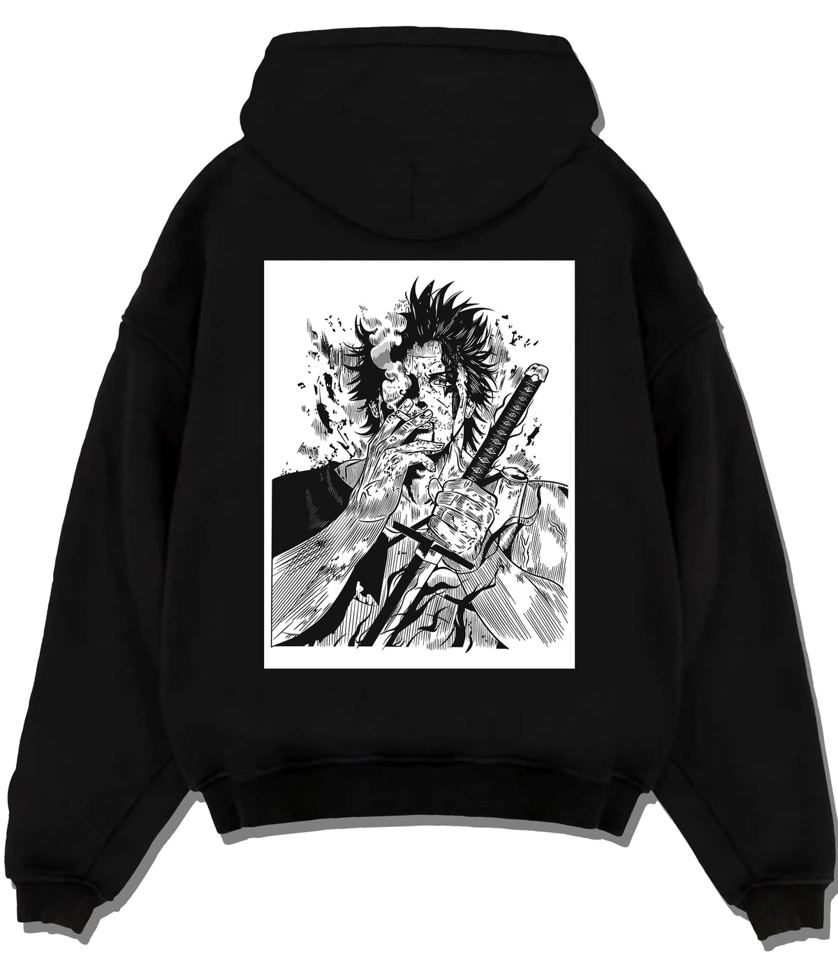 Black hoodie flat back view showing Yami Sukehiro from Black Clover: monochrome sword illustration