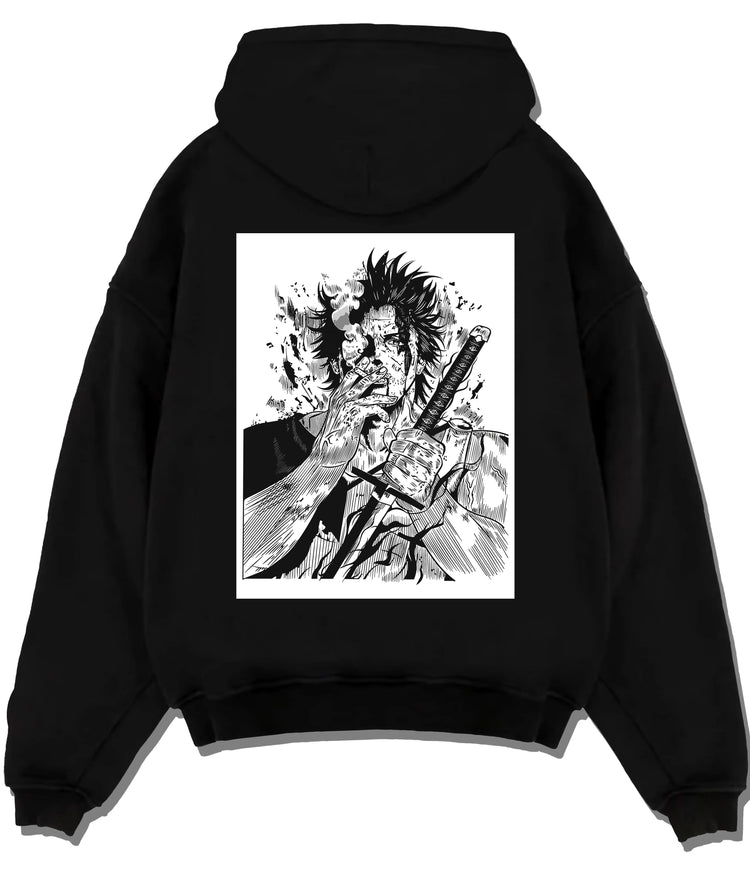 Black hoodie flat back view showing Yami Sukehiro from Black Clover: monochrome sword illustration