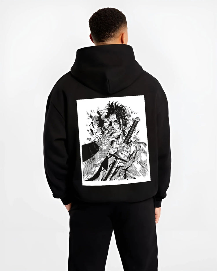Black hoodie model back view showing Yami Sukehiro from Black Clover: monochrome sword illustration