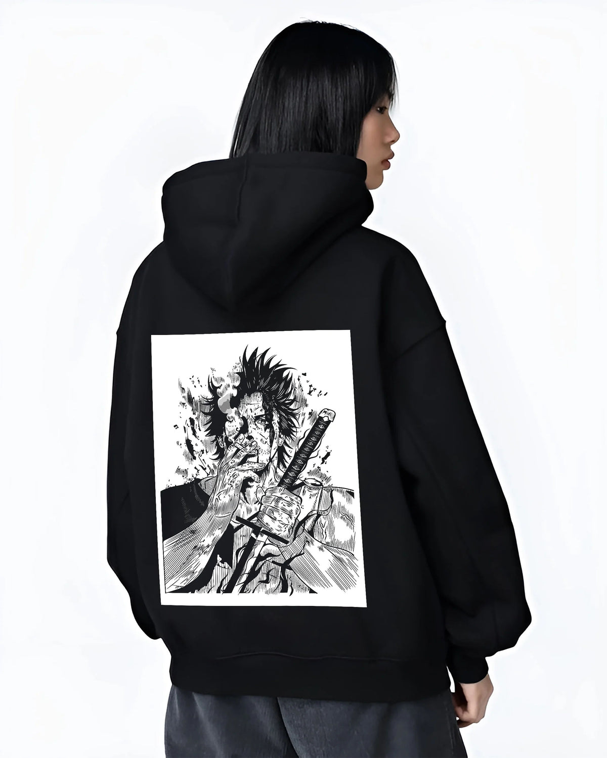 Black hoodie female model back view showing Yami Sukehiro from Black Clover: monochrome sword illustration