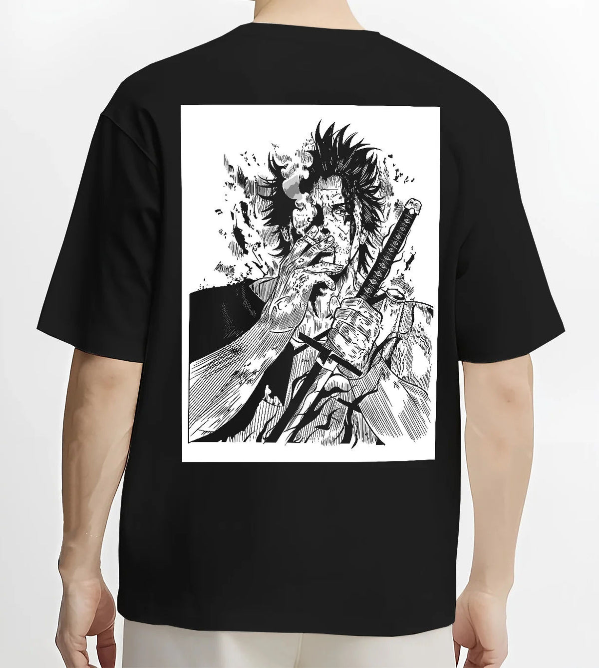 Black T-shirt model back view showing Yami Sukehiro from Black Clover: monochrome sword illustration
