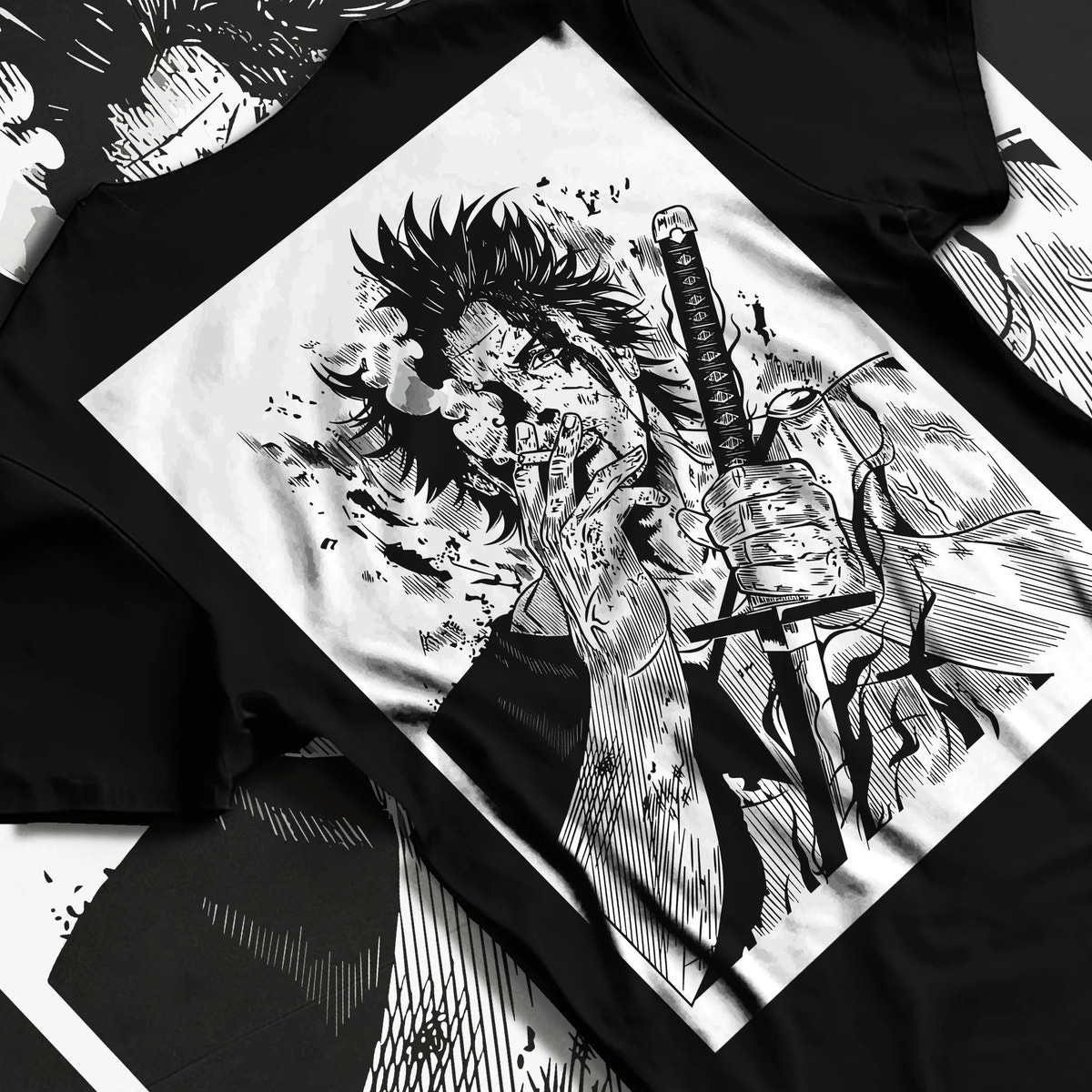 Black T-shirt flat back view showing Yami Sukehiro from Black Clover: monochrome sword illustration