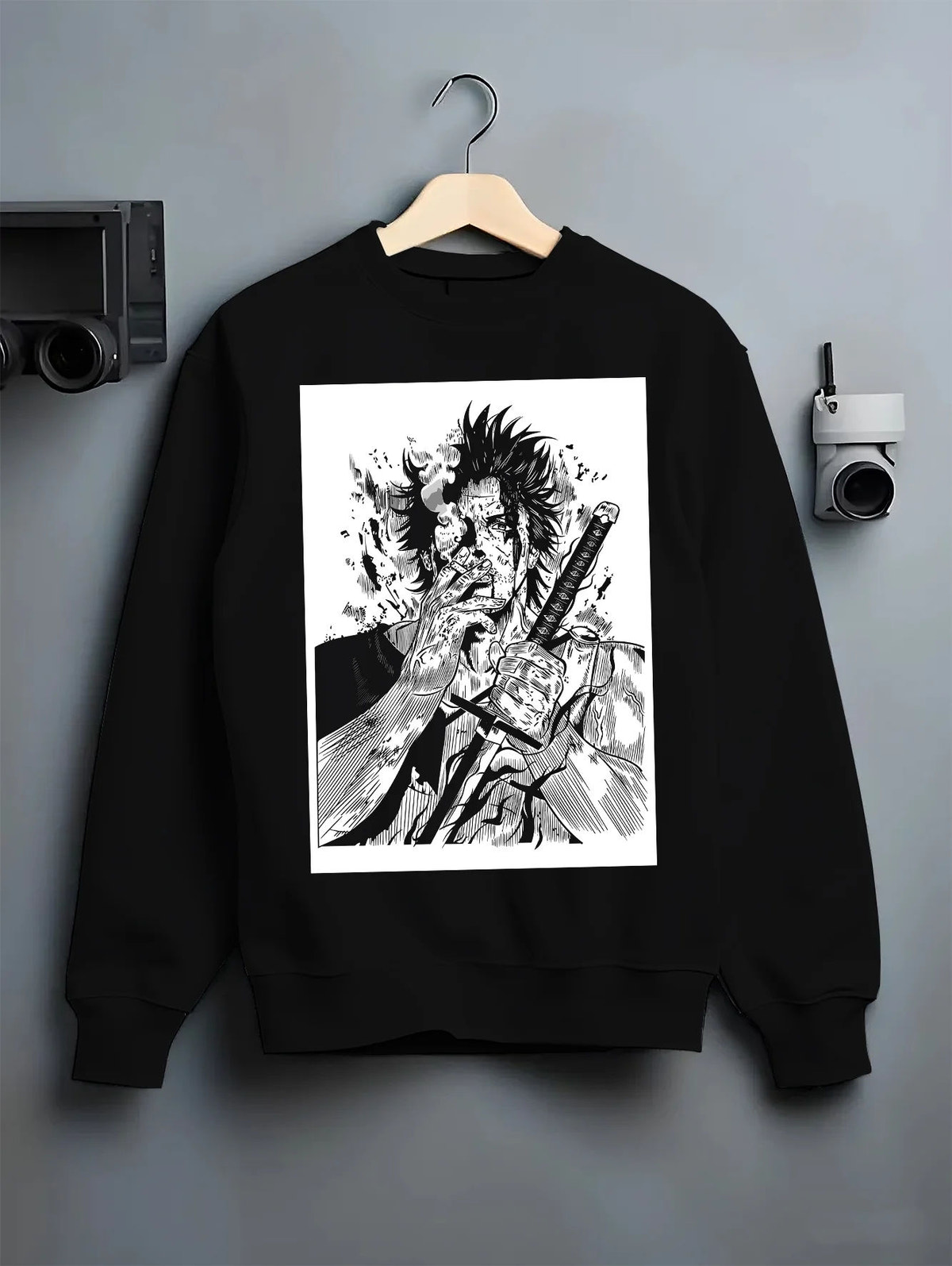 Black crewneck sweatshirt on hanger showing Yami Sukehiro from Black Clover: monochrome sword illustration