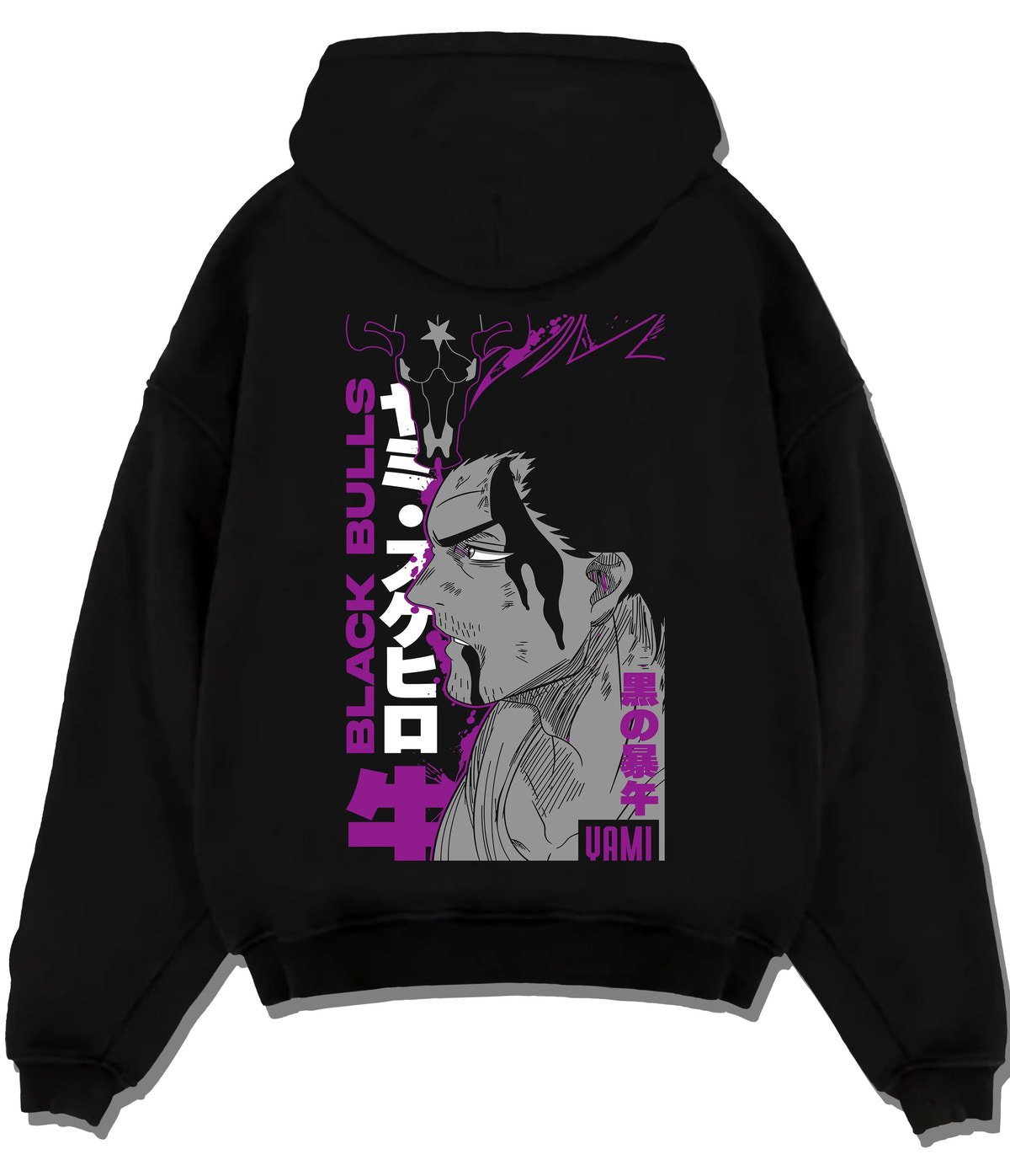 Black hoodie flat back view showing Yami Sukehiro from Black Clover: Black Bulls captain side profile
