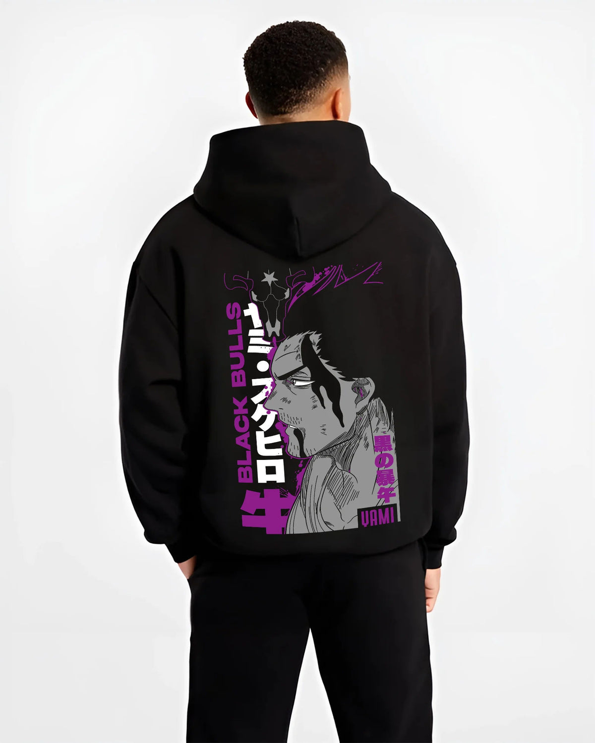 Black hoodie model back view showing Yami Sukehiro from Black Clover: Black Bulls captain side profile