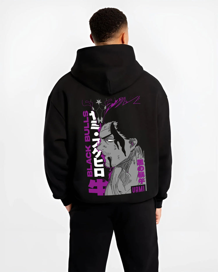 Black hoodie model back view showing Yami Sukehiro from Black Clover: Black Bulls captain side profile