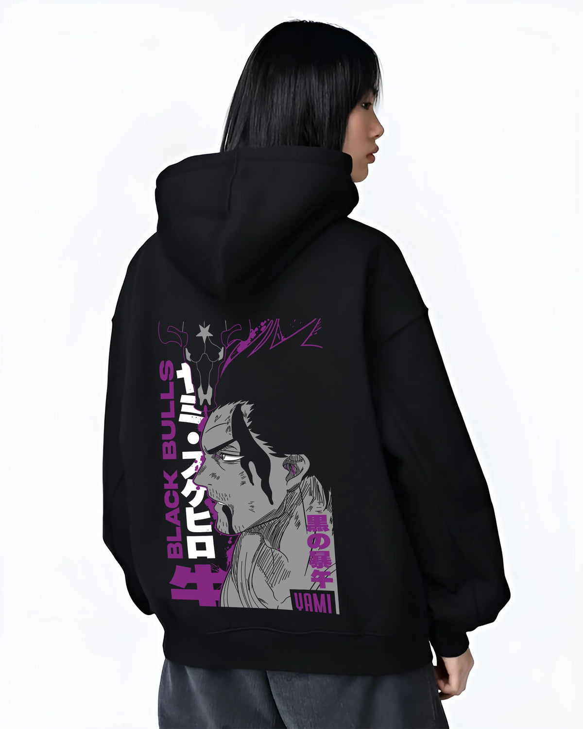 Black hoodie female model back view showing Yami Sukehiro from Black Clover: Black Bulls captain side profile