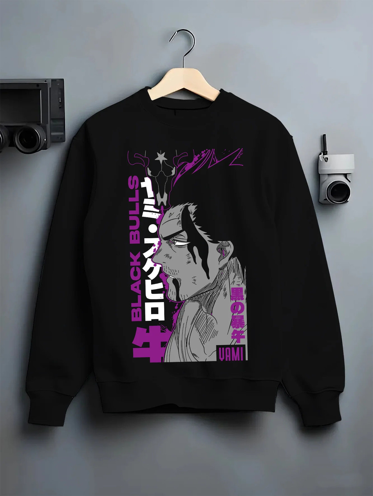 Black crewneck sweatshirt on hanger showing Yami Sukehiro from Black Clover: Black Bulls captain side profile