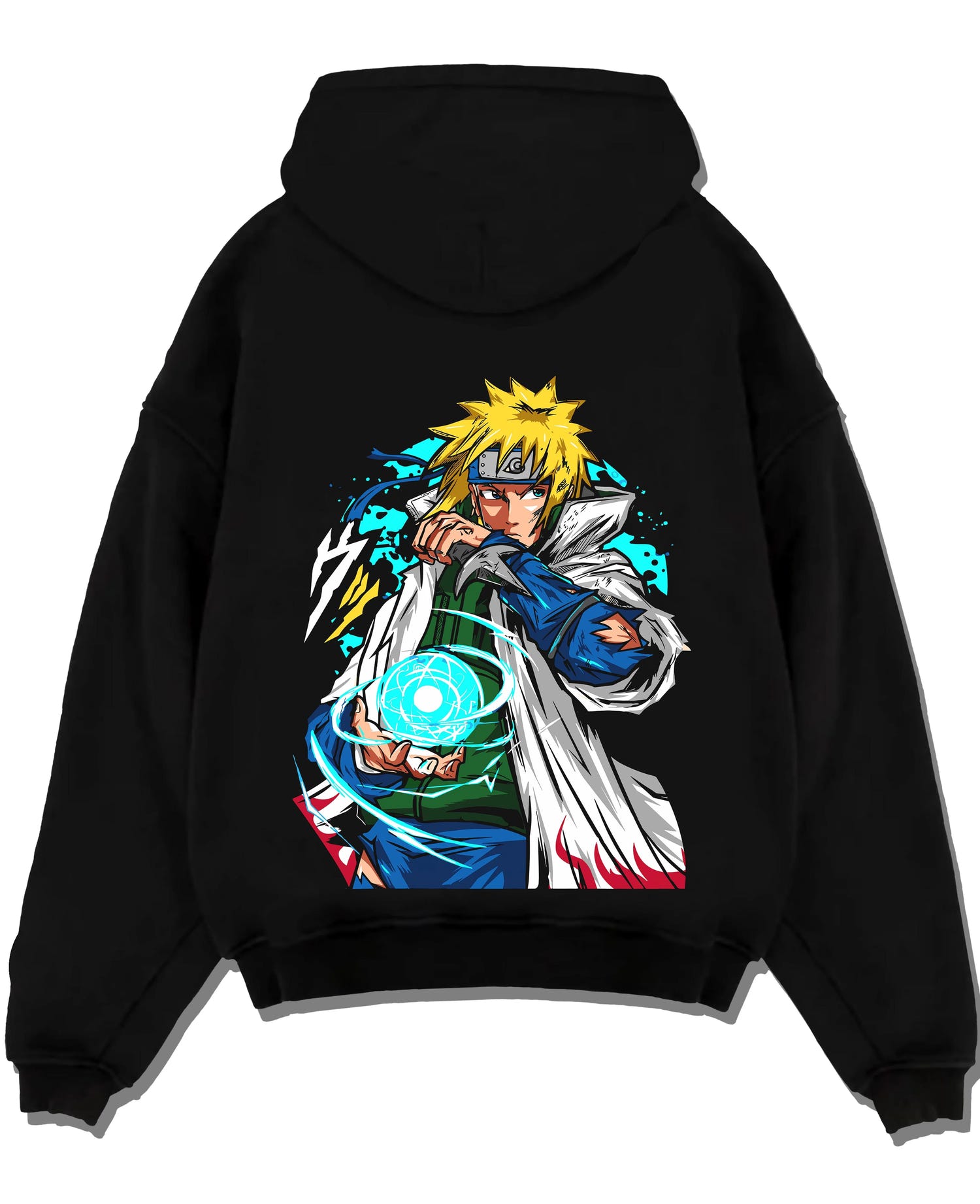 Black pullover hoodie laid flat with Minato Namikaze Hoodie Naruto Fourth Hokage Power graphic streetwear graphic.