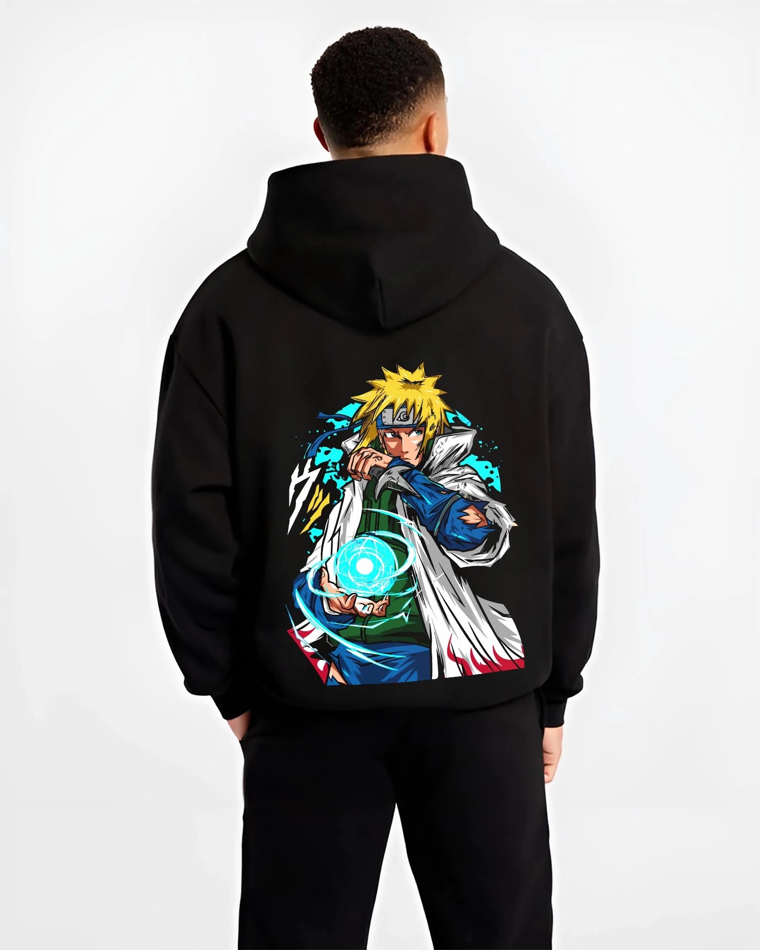 Black hoodie worn by male model, back view with Minato Namikaze Hoodie Naruto Fourth Hokage Power graphic premium wear.